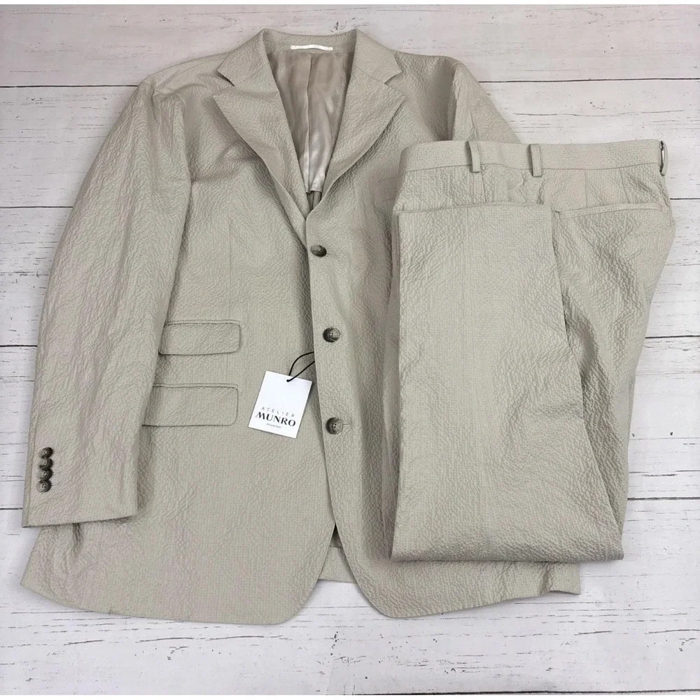 Atelier Munro Suit Mens 46S 42x27 Beige Seersucker Cotton Stretch 2 Pc Subalpino